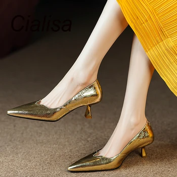 Cialisa, Попадат пикантни женски обувки-лодка с остри пръсти, цвят: Златист, Сребрист, дамски обувки от естествена кожа, елегантна вечерна рокля, обувки на висок ток 40