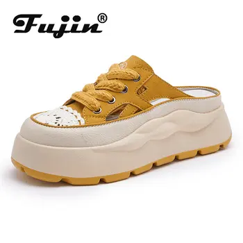 Fujin 6 см., кухи дантелени чехли от естествена кожа, дамски огромни маратонки, сандали на платформа и танкетке, Дишаща модни летни дамски обувки