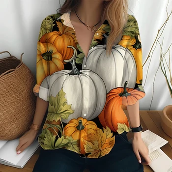 Есенна риза с дълги ръкави и 3D принтом под формата на тиква, Офис модни и ежедневни риза, Дамски класическа риза с отложным яка