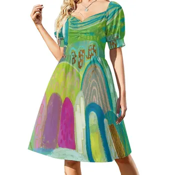 Зелено Синьо Абстрактно Деревенское рокля, Вечерни рокли, елегантни рокли големи размери рокли за жени 2023 Женствена рокля