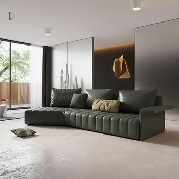 Индивидуален кожена секционни диван с открит басейн с шезлонг, италиански минималистични диван-легло, Висококачествени мебели за дома, в хола