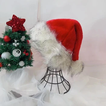 Коледна Плюшен шапка на дядо коледа Унисекс Удобна Червено-бяла Коледна шапка за възрастни и юноши, за Карнавали, празнични партита