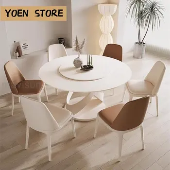 Кръгла маса в кремовом стил за кухня, обща бели мебели за дома, тенис на маса от каменна плоча с превръщането на масата на 360 °