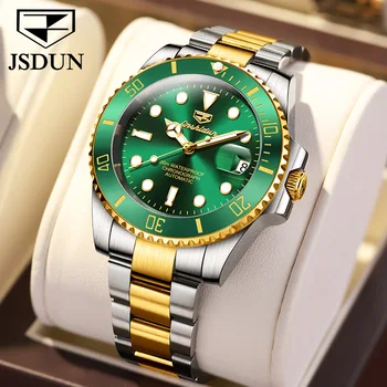 Мъжки Автоматични механични часовници JSDUN със зелен водно призрак, каишка от неръждаема стомана, сапфирен огледало, водоустойчив мъжки часовник
