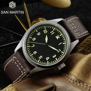 Мъжки часовник San Martin Titanium Vintage Diver, мъжки часовник YN55, автоматични механични ръчни часовници, кожена каишка, 200 м, водонепроницаемое сапфирен кристал