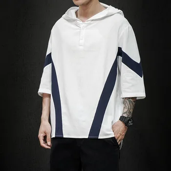 2023 Нова японската просто тениска с качулка, лятна риза с 3/4 ръкав, Без приятелка, мъжки дрехи, блузи, Ropa Para Hombres