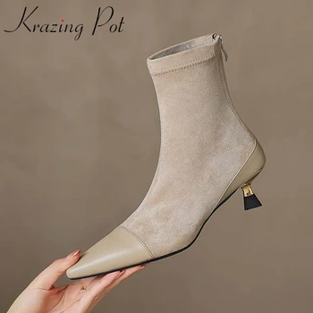 Krazing Pot/ Зимни топли еластични обувки на висок ток от телешка кожа със среден ток и остри пръсти в британския ретро стил с цип