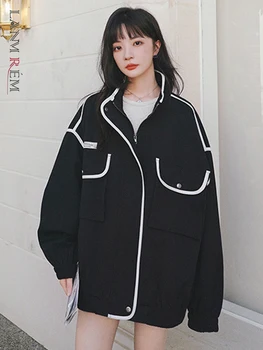 LANMREM, Модни якета в корейски стил За жени, Свободно Палто с цип дълъг ръкав Контрастен Цвят, Новост Есента 2023 2Q1292