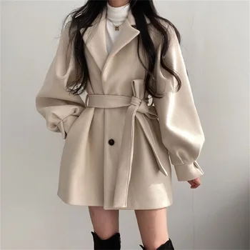 Вълнено палто с-блейзером средна дължина за жени, Зимно яке с колан, Винтажное Свободно палто, черно-бели тренчи, Модни