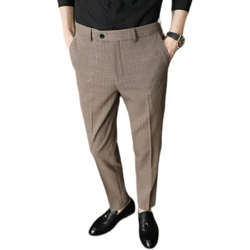 Грей Мъжки карирани костюми, Панталони, Бизнес Ежедневни панталони, Пролетно-летни Модни Кафяви панталони, мъжки Модел панталони