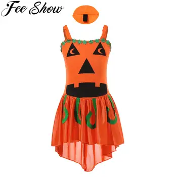 Детски костюм на Вещица във формата на Тиква, за момичета, без ръкави, с шарките на Призрак, рокля под формата на тиква с заколкой, комплект шапки за Хелоуин