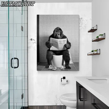 Картина върху платно, Стенно Изкуство, черно-бял Тоалетна Шимпанзетата, четене на вестници, HD Плакат с животни и щампи, Естетичен интериор на стаята