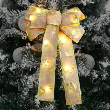 Коледна украса с лък, блестящ led коледен декор с лък, празничен топъл светъл бронз модел, Коледа, работещи на батерии
