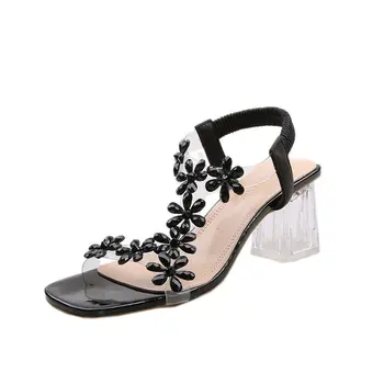 Летни Дамски сандали с декорация във формата на кристали от PVC, дебел ток, каишка с отворени пръсти, Еластична лента, Елегантен модерен дамски обувки