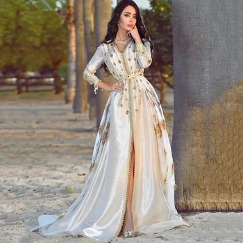 Марокански кафтан, мюсюлмански вечерни рокли, Трапециевидный V-образно деколте, 3/4 ръкави, апликации, Дубай, Арабски турски кафтан, ислямското вечерна рокля