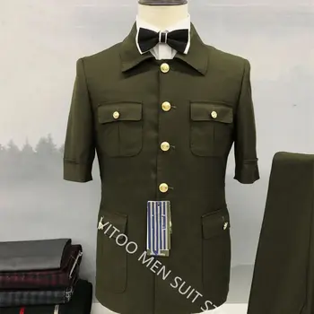Мъжки костюм, Строг Сако, Панталони, Шорти армейского зелен цвят, Ежедневно яке с ръкави, 2 броя, Обикновени мъжки дрехи за ежедневието