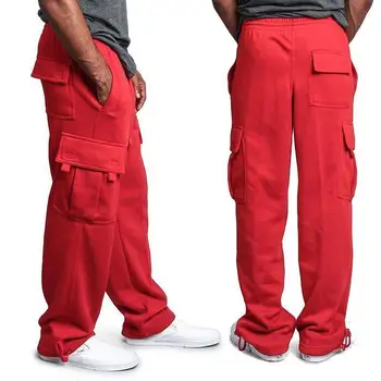 Мъжки Панталони-карго за бягане, есенна градинска облекло в стил хип-хоп, Свободни Панталони, монофонични гащеризон с много джобове, спортно облекло за фитнес зала