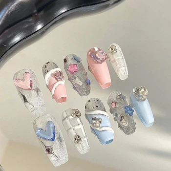 Режийни ноктите ръчно изработени Y2k С кристали, Пълно покритие, Балерина, Украса за корейски Маникюр, Подходящ за носене на Изкуствени нокти